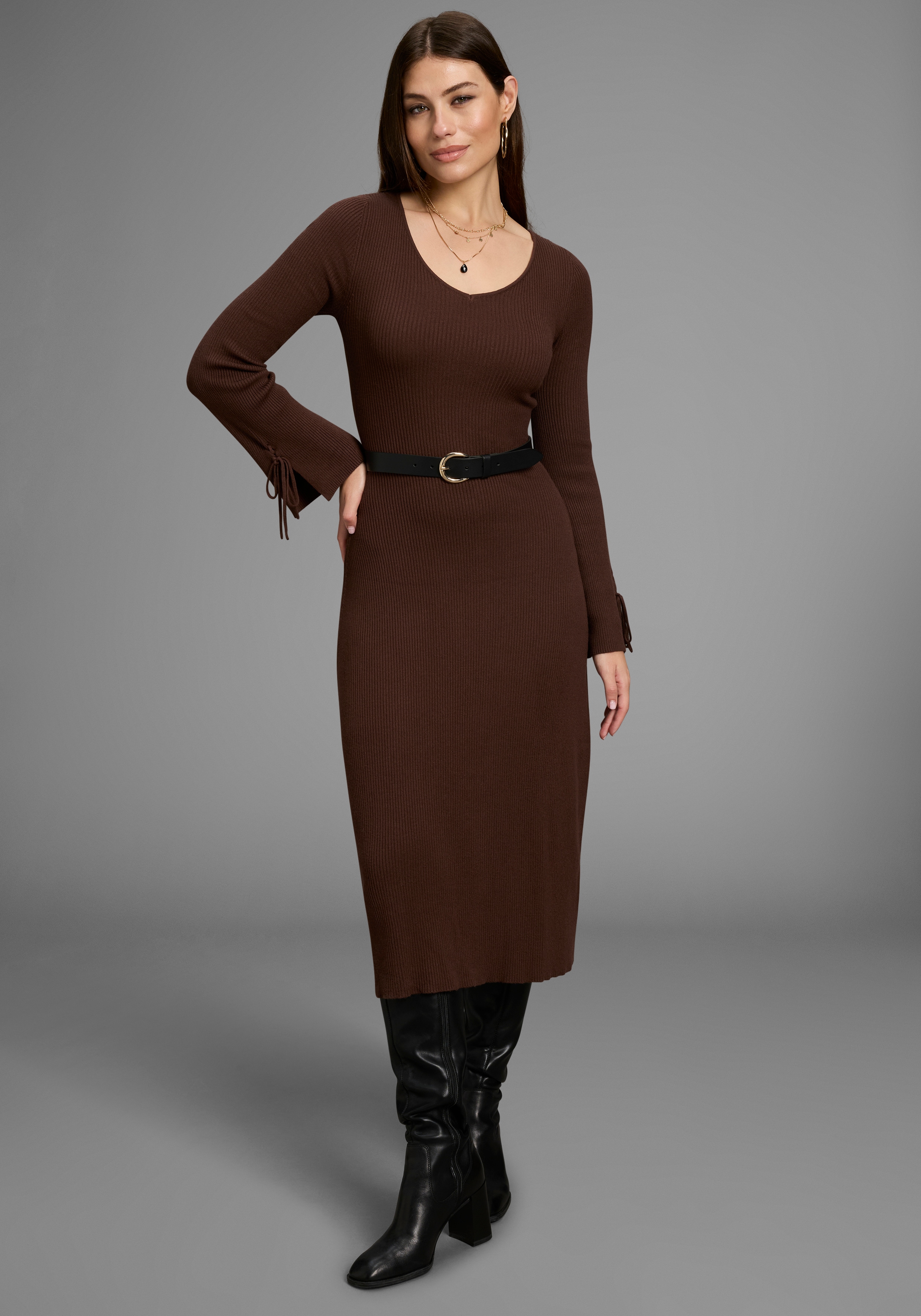 Strickkleid BRUNO BANANI, Damen, Gr. 40, N-Gr, braun, Obermaterial: 70% Viskose, 30% Polyamid, unifarben, Basic, Kleider, mit besonderem Ärmeldetail Image