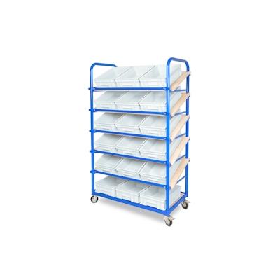 BRB Schrägboden-Regalwagen mit 6 Ebenen, BxTxH 1050x500x1690 mm bestückt mit 18 Euroboxen BxTxH 400x300x120 mm (weiß) Image