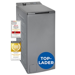 Exquisit Waschmaschine 7,5kg, Toplader, Waschmaschine schmal, Energieklasse A, Startzeitvorwahl, Kurzprogramm, LTO1207-030A silber-dunkel