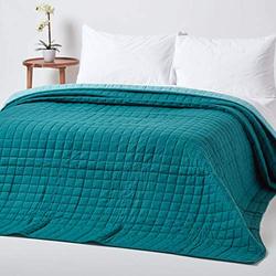 HOMESCAPES - 100% Cotton Reversible Twin Colour Quilted Bedspread Throw - Teal Green & Blue - Single 150 x 200 cm - Washable Bedding Sofa Throw