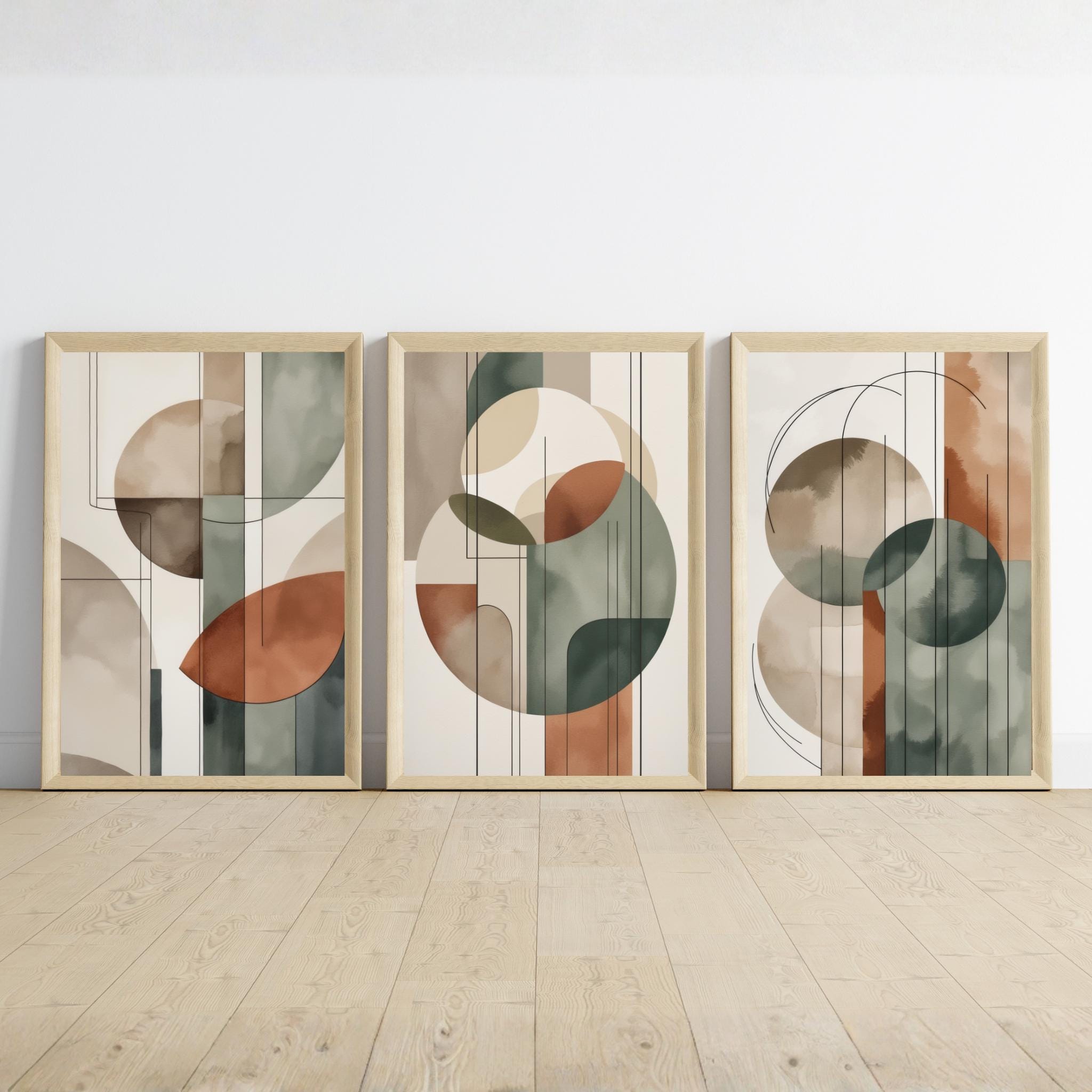 Set di 3 stampe geometriche astratte da parete, arte moderna neutra stampabile, arte astratta di metà secolo, decorazioni murali minimaliste nei toni