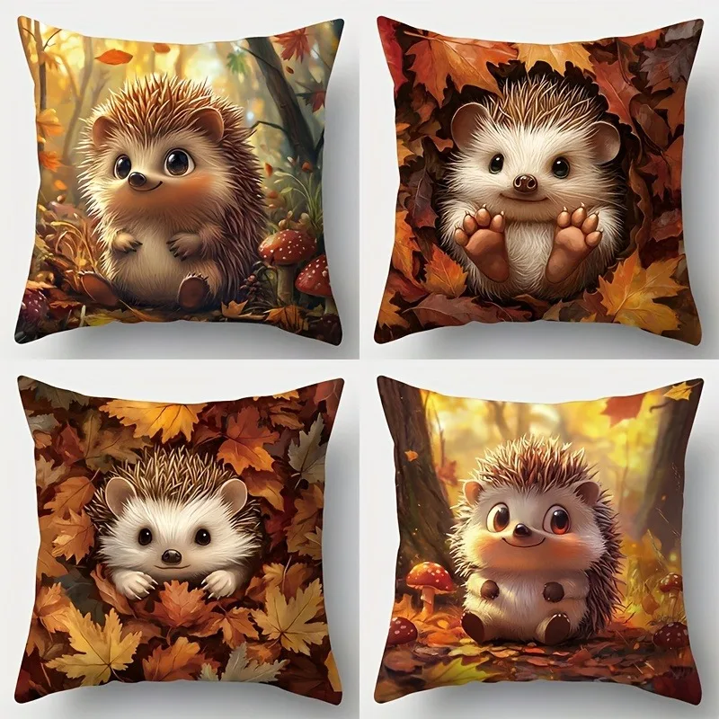 1pc Herbst Nette Igel Ahornblatt Gedruckt Kissenbezug Thanksgiving Dekorative Kissenbezug Ideales Geschenk Image