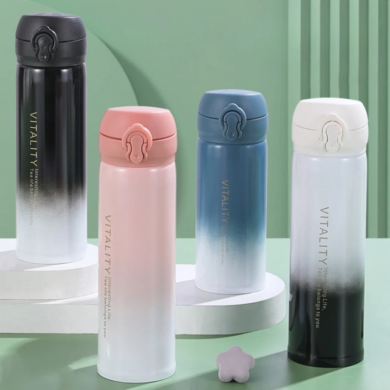 Isolierter Becher aus Edelstahl mit Farbverlauf und Klappdeckel, 304-Vakuum-Thermoflasche für Büro, Outdoor, Reisen, Urlaub, Geschenk Image