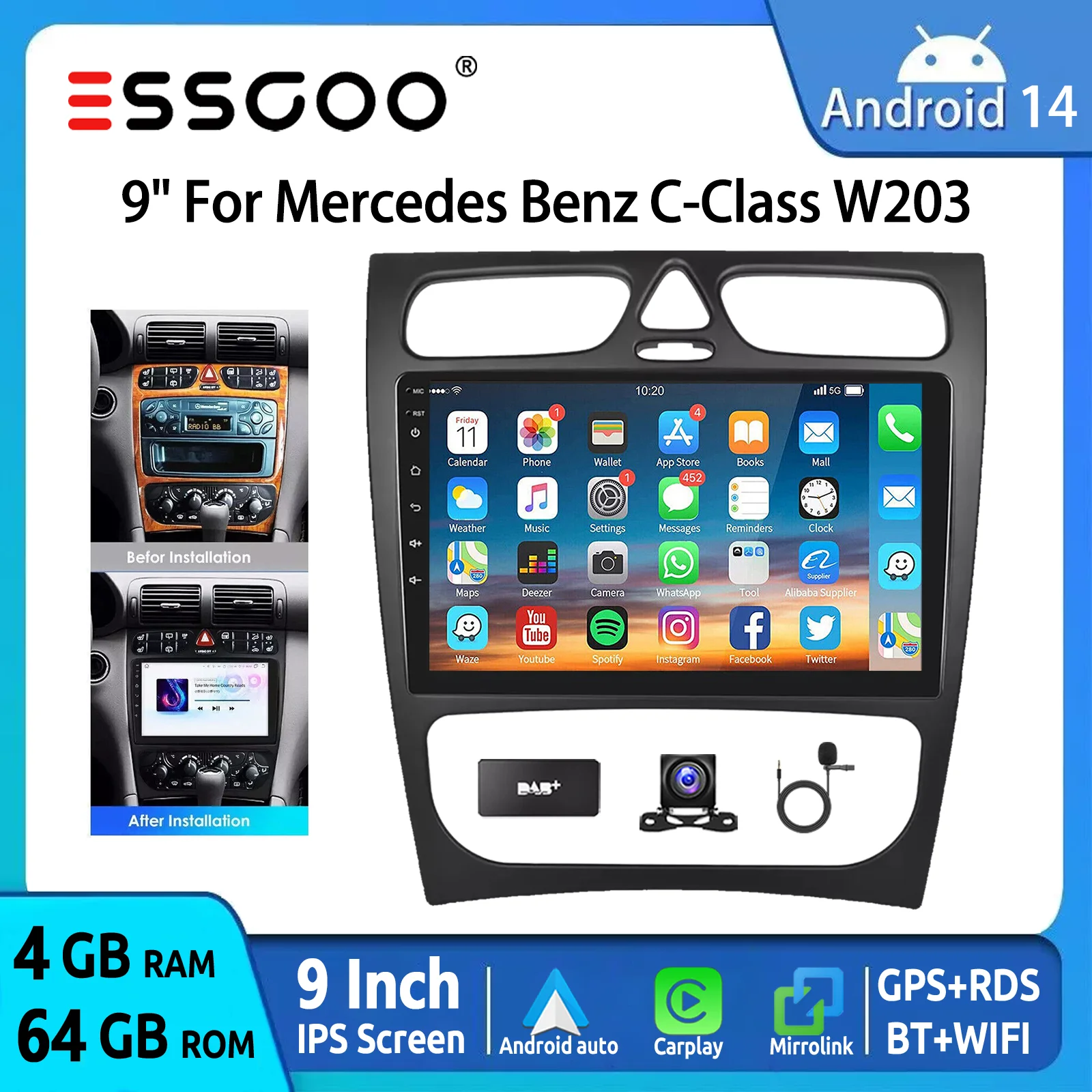 Android 15 9" 64G Autoradio für Mercedes-Benz C-Klasse/CLK W203 W209 - GPS Navigation - Wireless Carplay & Android Auto - FM Bluetooth RDS WIFI - Multimedia Videoplayer Head Unit Touchscreen Display Image