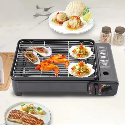 Camping Tragbarer Tischgrill Gas, BBQ Barbecue Grill, Camping Gasgrill Klein mit Grillnetz, Gasherd Campingkocher