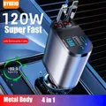 Caricabatteria da auto retrattile 4 in 1 con Display di tensione cavo retrattile per caricabatteria da auto Super veloce da 120W 2.6 piedi per iPhone Samsung OPPO