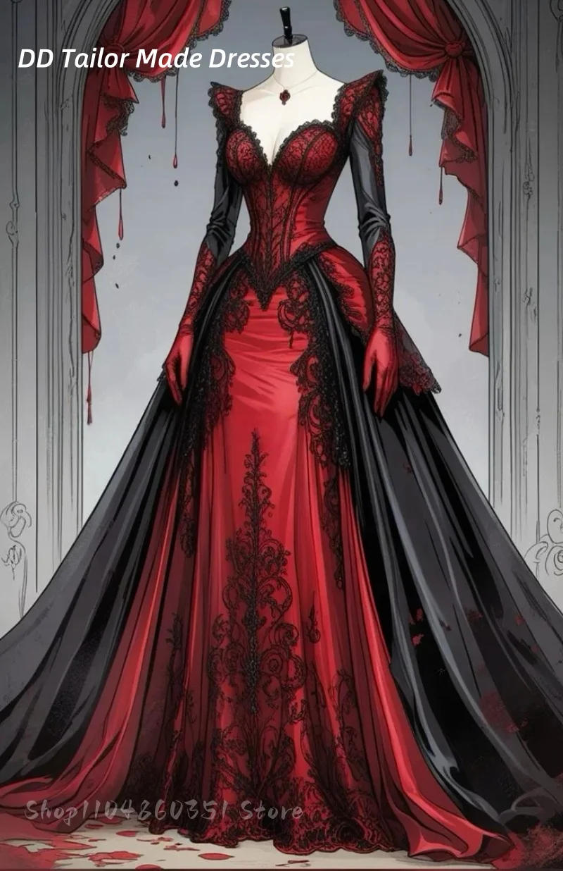 Volle Ärmel Vampir Gothic Brautkleid Spitze Applikationen A-Linie Langes Vintage Viktorianisches Korsett Brautkleid Maßgeschneidert