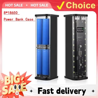 Transparente Hülle 8*18650 Power Bank Fall 22,5 W Schnellladung LED USB C + Micro USB Port Batterie Aufbewahrungsbox für iPhone Samsung