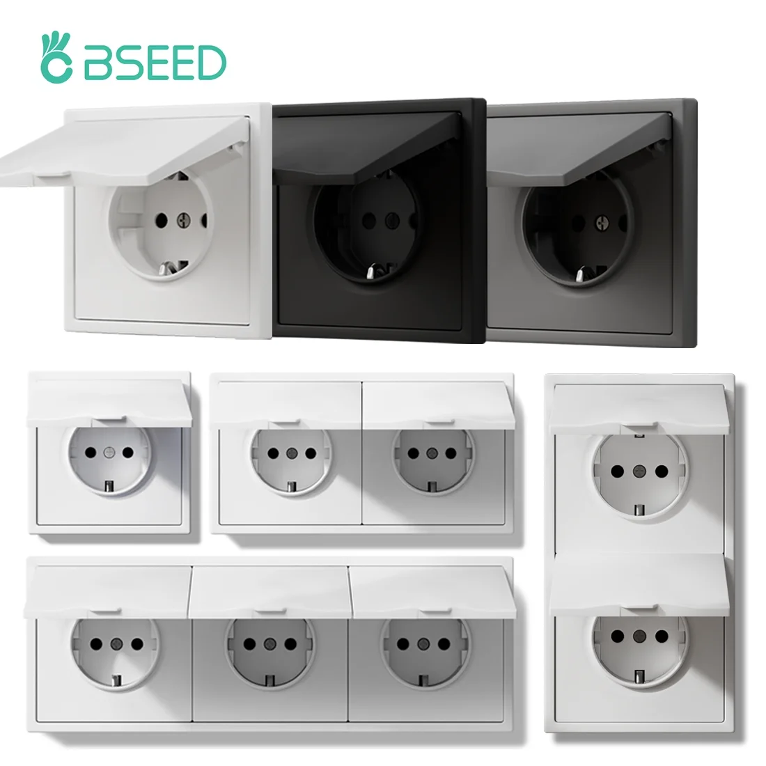 BSEED EU-Standard-Wandsteckdose, Badezimmer-Steckdosen, Außensteckdose mit wasserdichter Abdeckung, mattierter Kunststoff Image