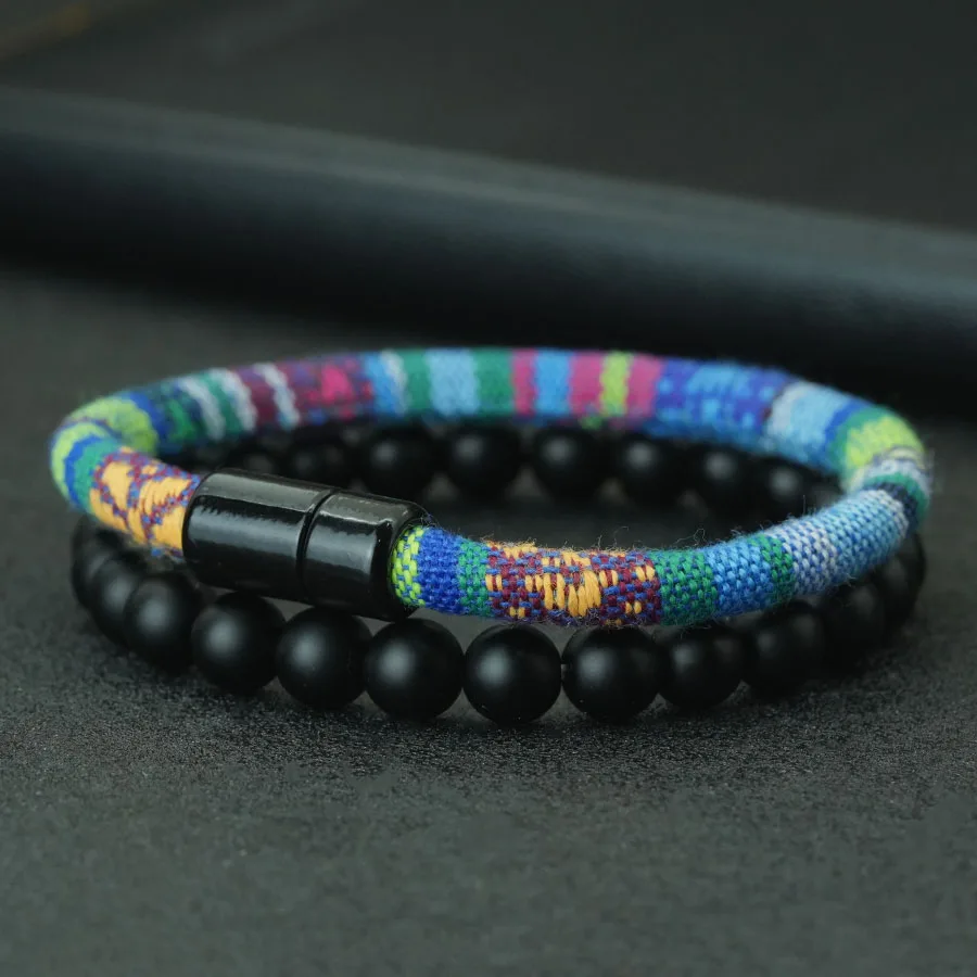 2-teiliges passendes Seil-Armband-Set für Männer, schwarze Magnetschnalle, böhmisches Stoffseil, ethnisches gewebtes Armband, Geschenk für Ihn Image