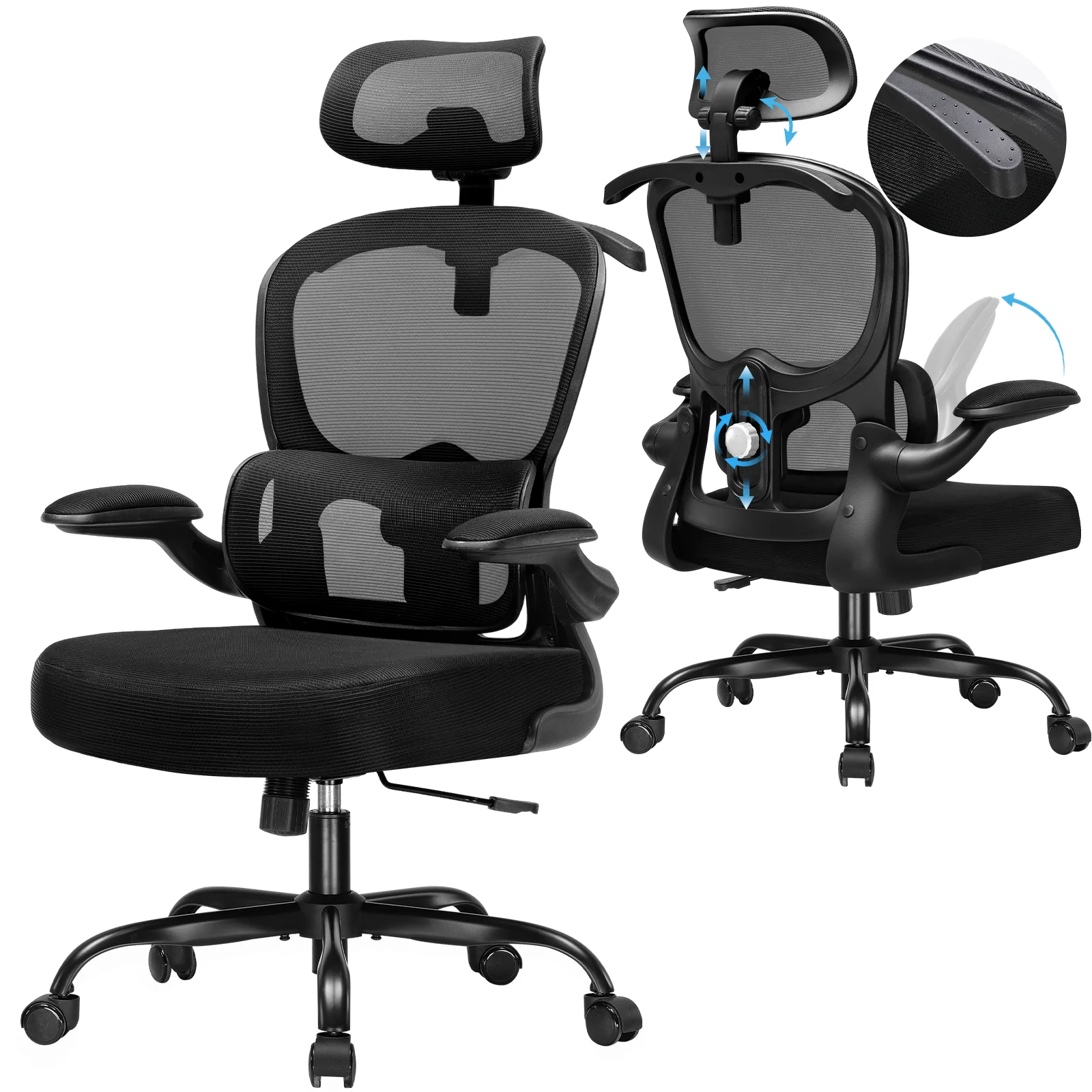 COMHOMA Bürostuhl Ergonomisch, Schreibtischstuhl mit 3D Kopfstütze und Lendenwirbelstütze, Integriertes Kleiderhaken-Design Image