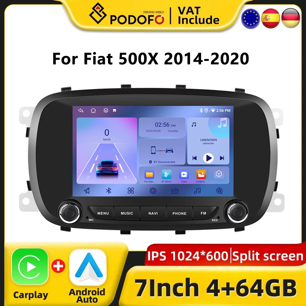 Podofo CarPlay Android Radio For Fiat 500X 2014-2020 Car Intelligent System 2din GPS Stereo Receiver Autoradio Multimedia Player Image