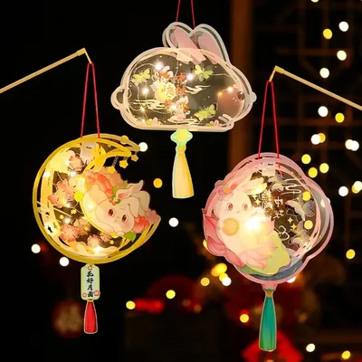 Luminous Mid-Autumn Festival Lantern DIY Handmade Glowing Rabbit Lantern with LED Light Chinese Style Handheld Luminous Lantern