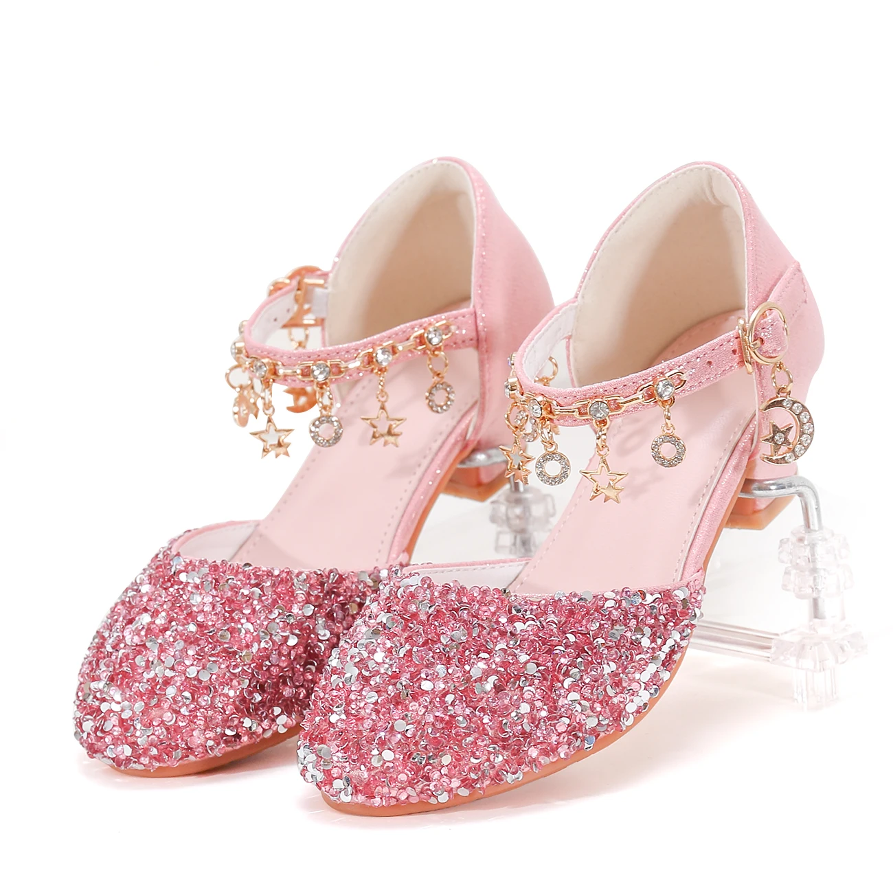 Mädchen-High-Heel-Schuhe im Prinzessinnen-Stil mit glänzender Stern-Anhänger-Dekoration, geeignet für Kleid und Geburtstagsfeier Image
