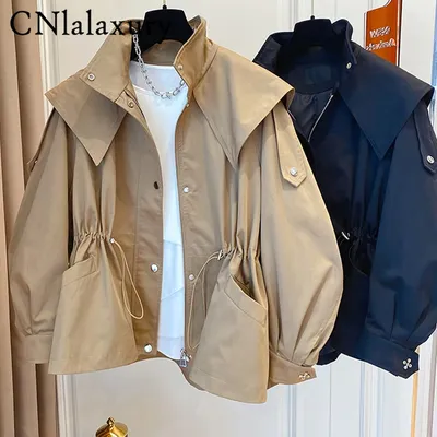 Oversized Casual Waterproof Khaki Windbreaker Trench Design Jacket Hood Drawstring Zipper Jacket Korean Vintage Tops For Women