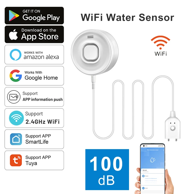 DYGSM Tuya WIFI Wasserleckdetektor Wasserstandsensor 100 dB Alarm mit hohem Volumen Echtzeit-APP-Warnungen Einfache Einrichtung für die Sicherheit zu Hause Image