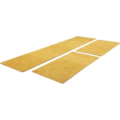 Bettumrandung THEKO "Gabbeh Uni, Handweb Teppich, meliert, reine Wolle" Gr. 14, gelb (senfgelb), H:14mm, Obermaterial: 100% Wolle, Bettumrandung, Bettvorleger, Uni-Farben, handgewebt, Läufer-Set, Schlafzimmer Image