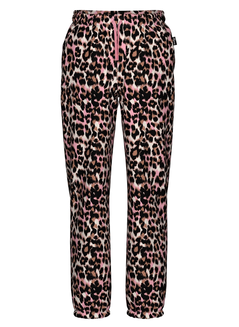 Jerseyhose TRIGEMA "TRIGEMA Jogginghose mit Allover-Leo-Print", Kinder, Gr. 152, Normalgrößen, lilie, 50% Baumwolle, 50% Polyester, Hosen Image
