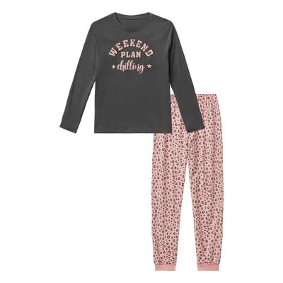 Pyjama BUFFALO, Kinder, Gr. 158/164, anthrazit, bedruckt, Jersey, Obermaterial: 100% Baumwolle, bedruckt, lang, Rundhals, Langarm abgesteppte Kante, Homewear-Sets, mit modischem Leo-Druck Image