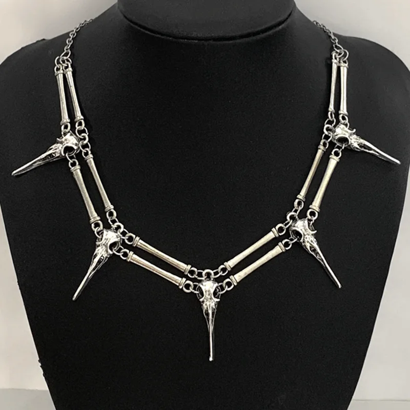 Gothic the raven Pendant Necklace Antiqued Silver Bird Skull, Witch Skull Necklace Unisex Mens Necklace Boho Statement Necklace