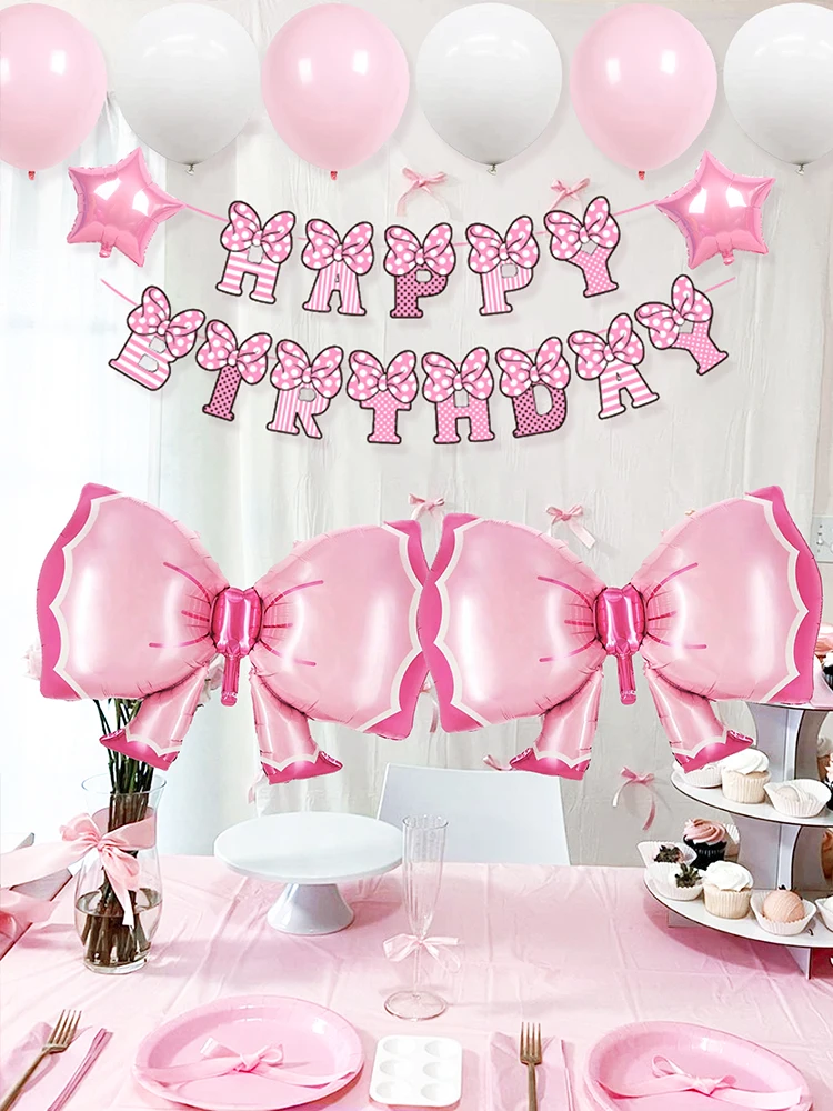 1/2/15 pcs pink bow balloon set, pink mouse theme happy birthday banner, princess birthday, photo booth decoration