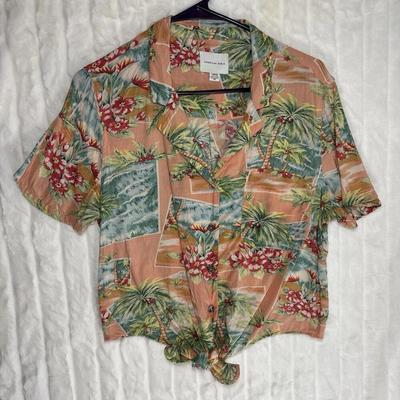 American Eagle Outfitters Tops | American Eagle Hawaiian Shirt Women's Tie Waist Crop Top Small | Color: Orange | Size: S