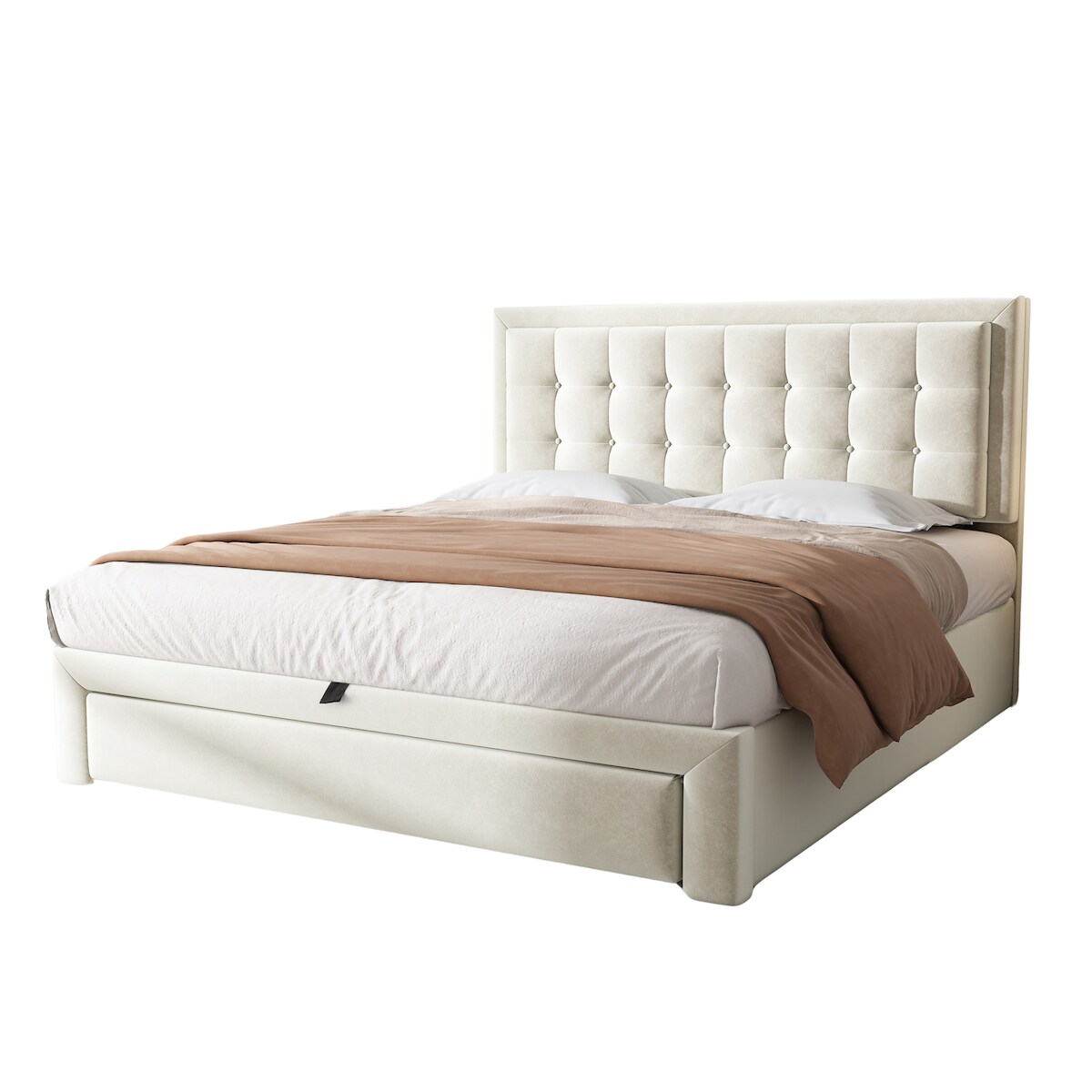 OKWISH Bett mit höhenverstellbarem Kopfteil mit Stauraum und Hydraulikfunktion Europäisches Design Bett mit Metallfüßen, Schubladen Modernes Doppelbett Beige Image