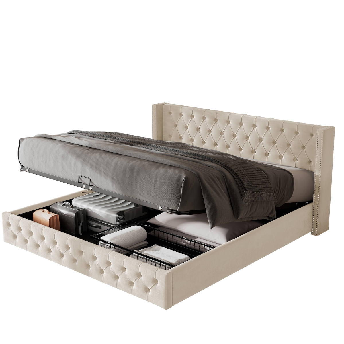 OKWISH Chesterfield Bettkasten mit Hydraulik Boxbett mit Stauraum Flanell Bezug Stoffbox Bett 160x200 mit Kasten Beige Image
