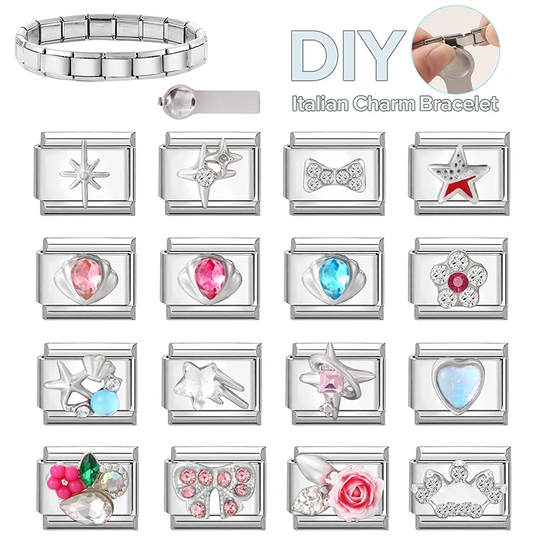 Neue Zirkon Seestern Herz Shell Krone Rose Blumen Italienischen Charme Links Fit 9mm Edelstahl Armband Frauen DIY Machen geschen Image