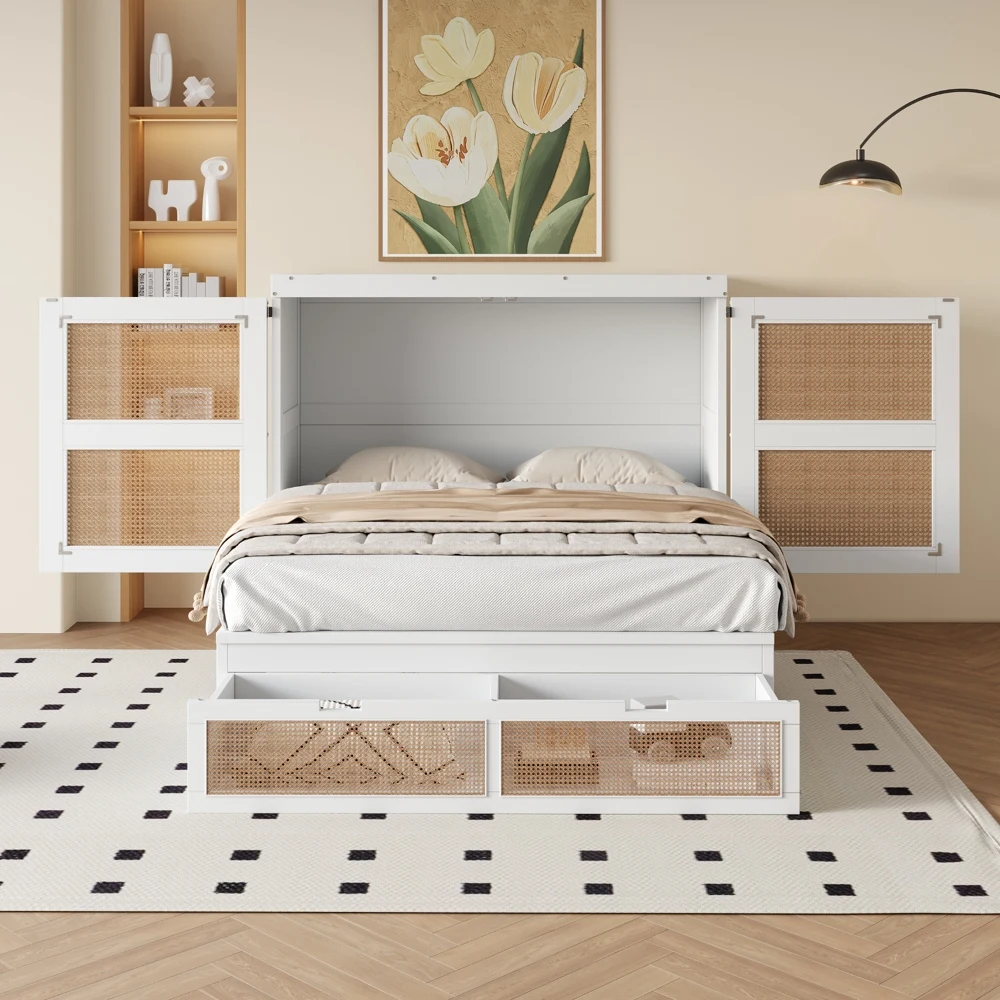 KOMHTOM Schrankbett 140x200 cm Wandbett mit Lattenrost, vertikales Wandklappbett mit Stauraumschubladen, Rattan-Design