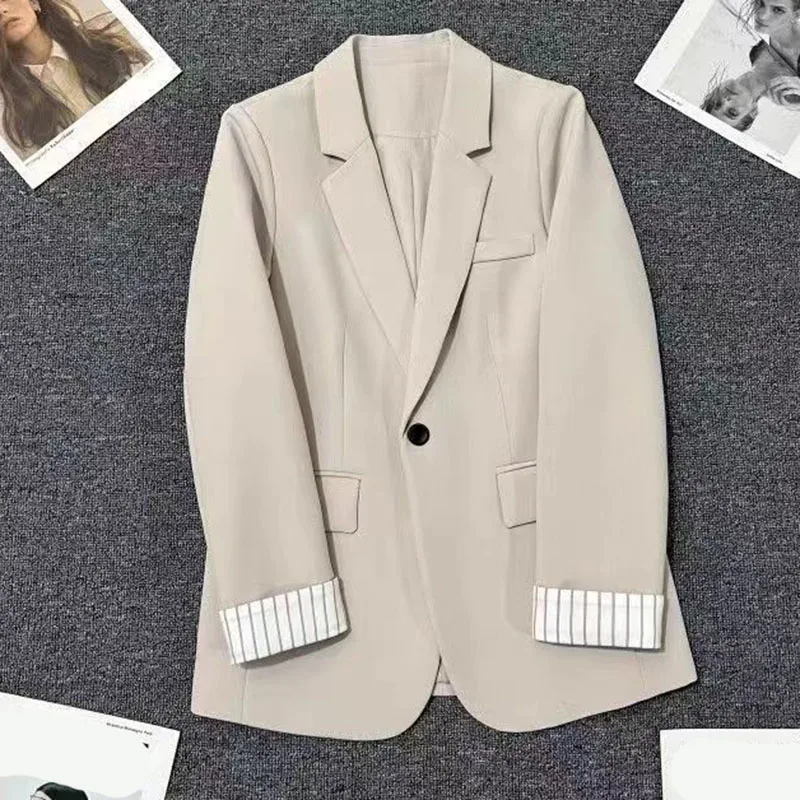 2025 neue Beige Kerb Kragen Jacke Frauen Koreanische Chic Patchwork Langarm Kleinen Anzug Mantel Casual Einfache Single Button Blazer