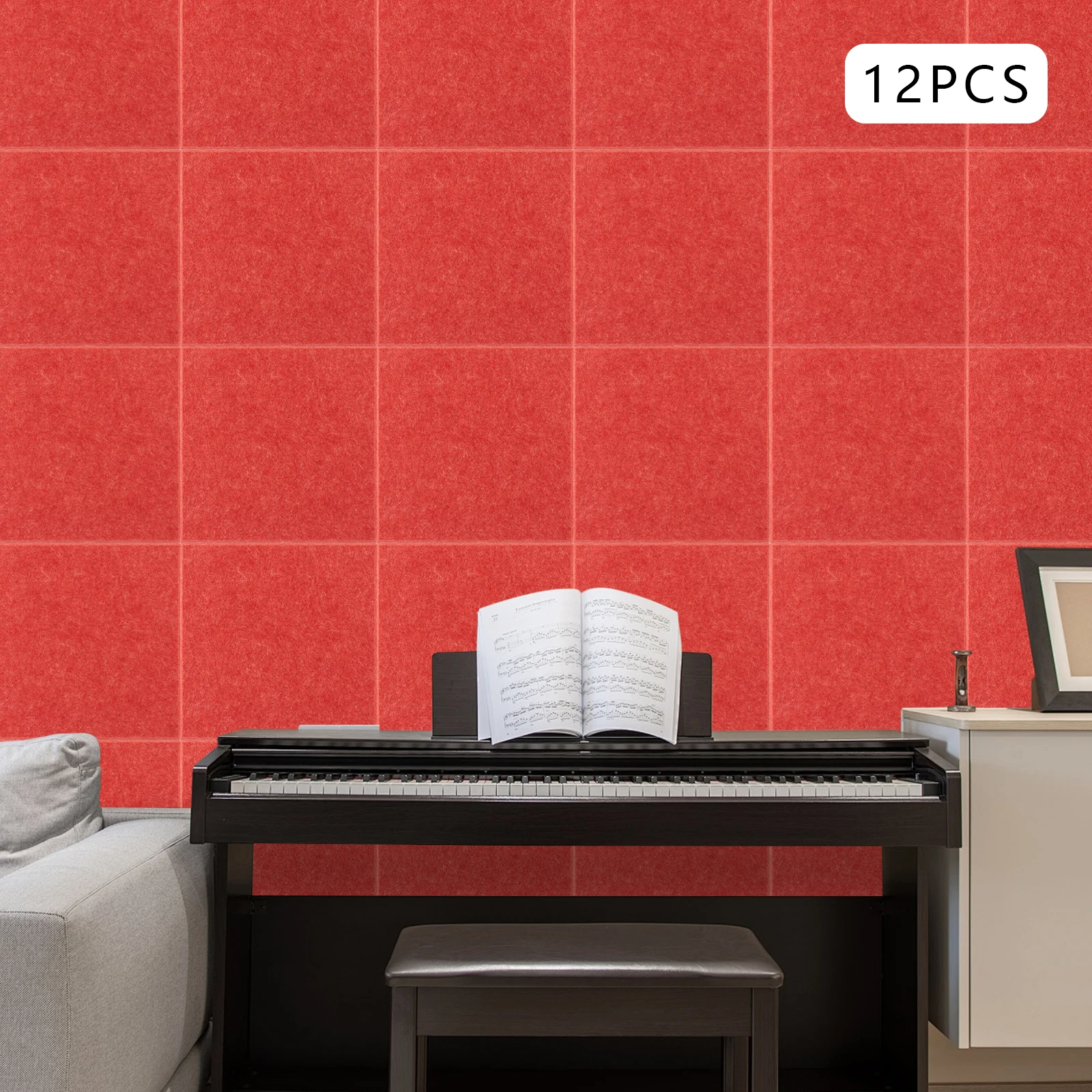 12 Stück schallabsorbierende Wandpaneele, 11,8 x 11,8 Zoll Polyesterfaser-Akustikplatten mit selbstklebender Rückseite Image