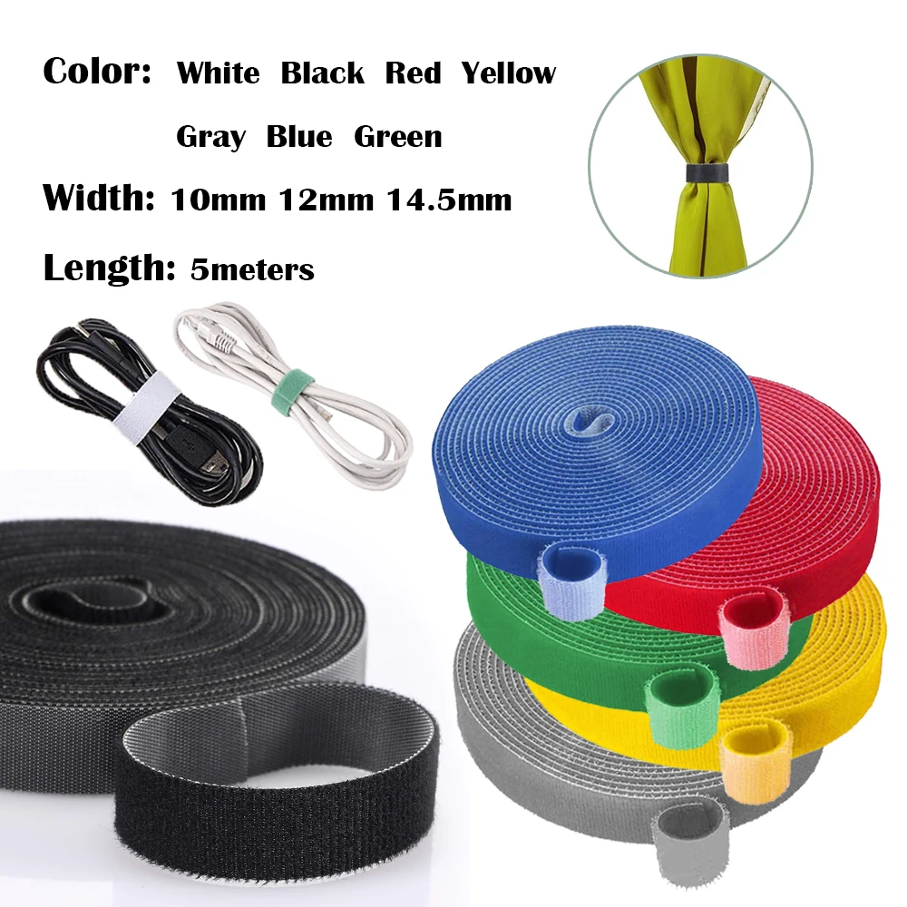 5 m/Rolle wiederverwendbare selbstklebende Kabelbinder, Nylon-Drahtmanagement-Gurte für USB-Kabel-Organizer, 10/12/14,5 mm Breite Image