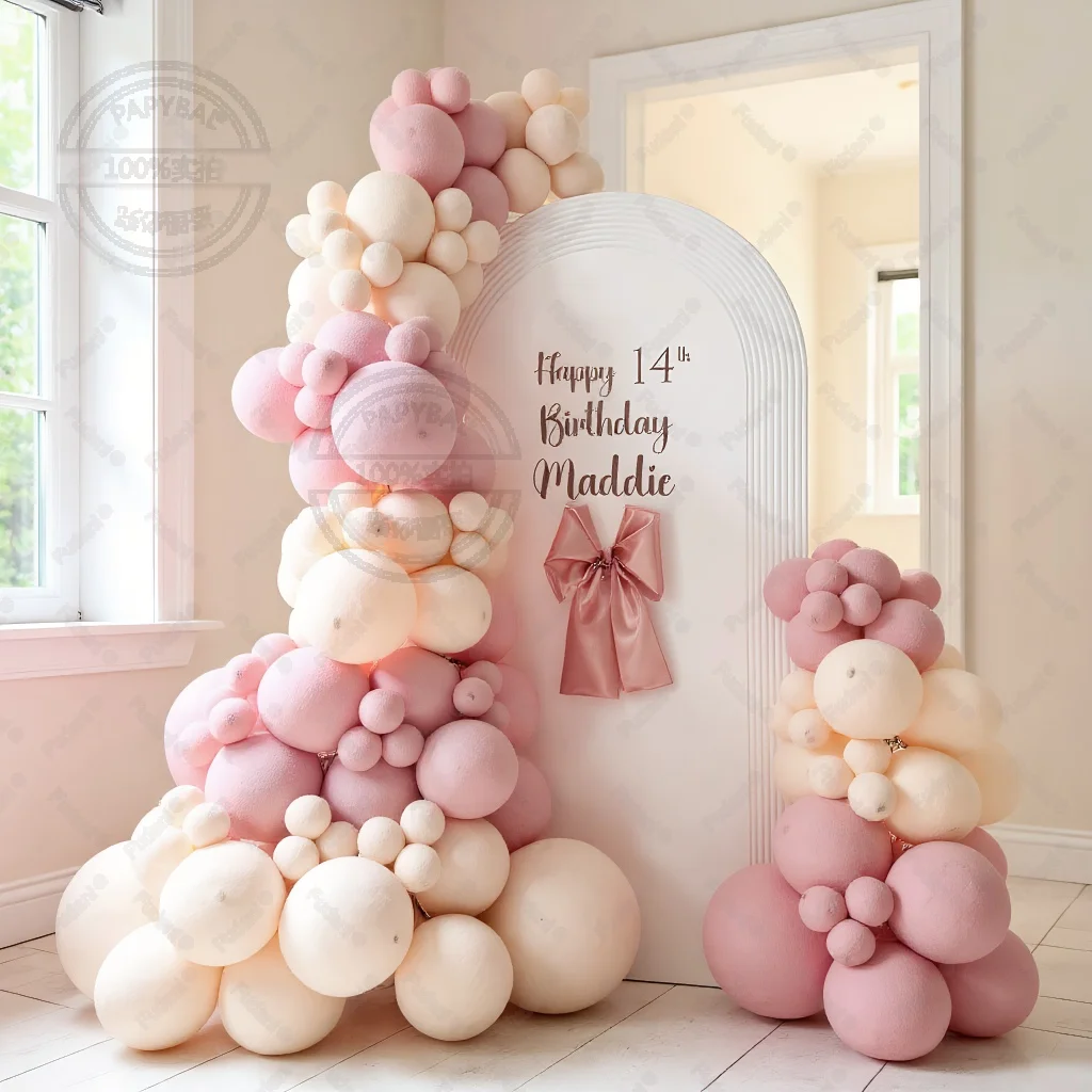137 Stück rosa Luftballons, Girlande, Boho, weißer Sand, Dämmerung, staubige rosa Schleife, Ballonbogen für Geburtstag, Hochzeit, Babyparty-Dekorationen Image