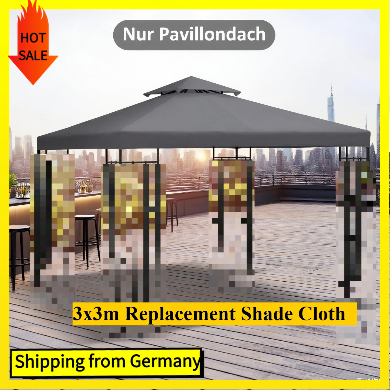 Comanlai 3 x 3 m Ersatz-Schattenstoff, wetterfestes Polyestergewebe, Ersatzdach für Garten und Terrasse, nur Regenschirmtuch Image