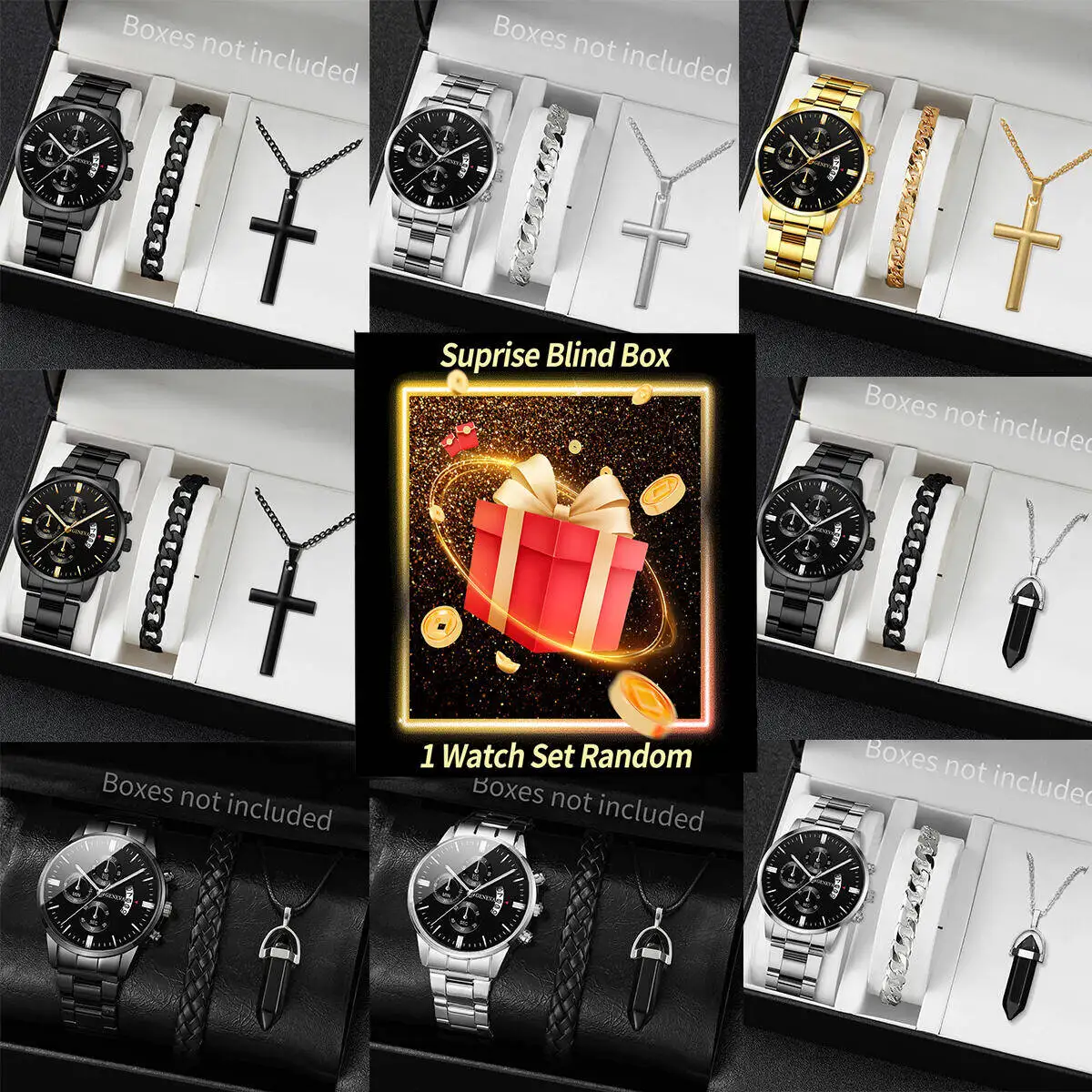 Surprise Mystery Watch Blind Box-Fashion Herren-Armbanduhr mit Edelstahlband, lässiger Kalender, Quarzuhr, Schmuckset (ohne Box) Image