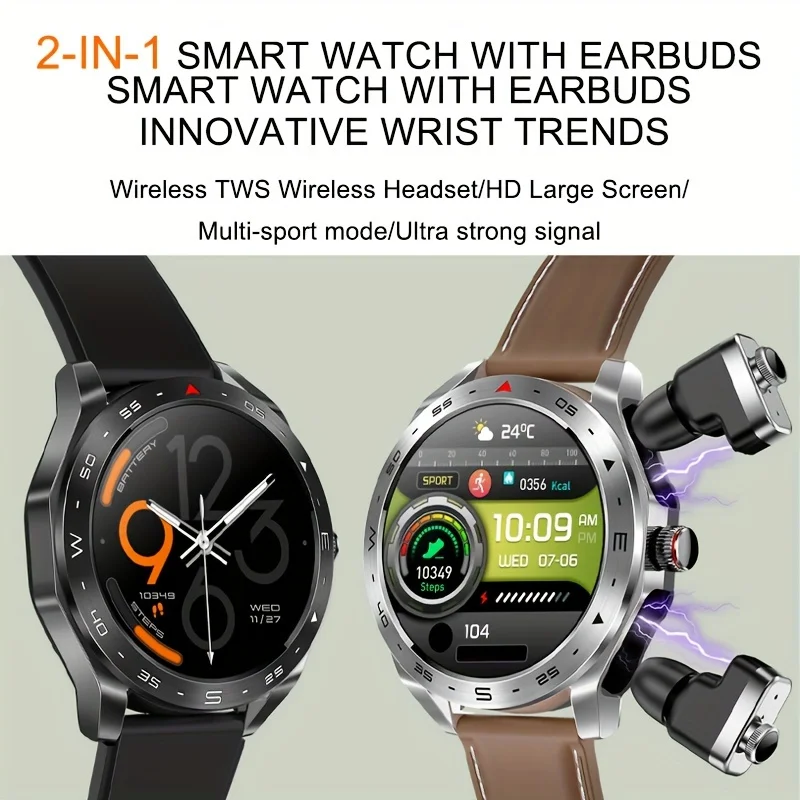 WS 2-in-1 Smart Watch AMOLED mit integrierten Bluetooth-Kopfhörern, HiFi, 9D-Klangqualität, Bluetooth-Anruf, Herzfrequenzerkennung, IP68 Image