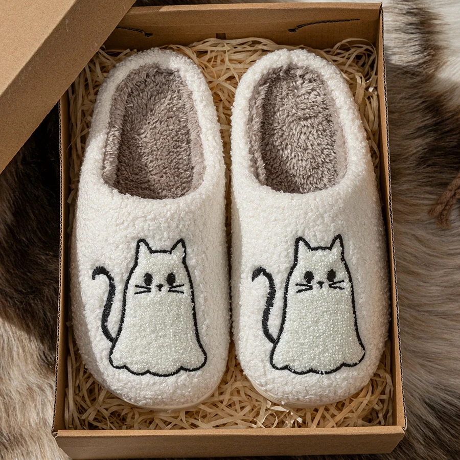 Süße Katze Stickerei Damen Hausschuhe Indoor Winter Warm Atmungsaktiv Bequem Freizeit Zuhause Mädchen Schuhe Süßes Geschenk