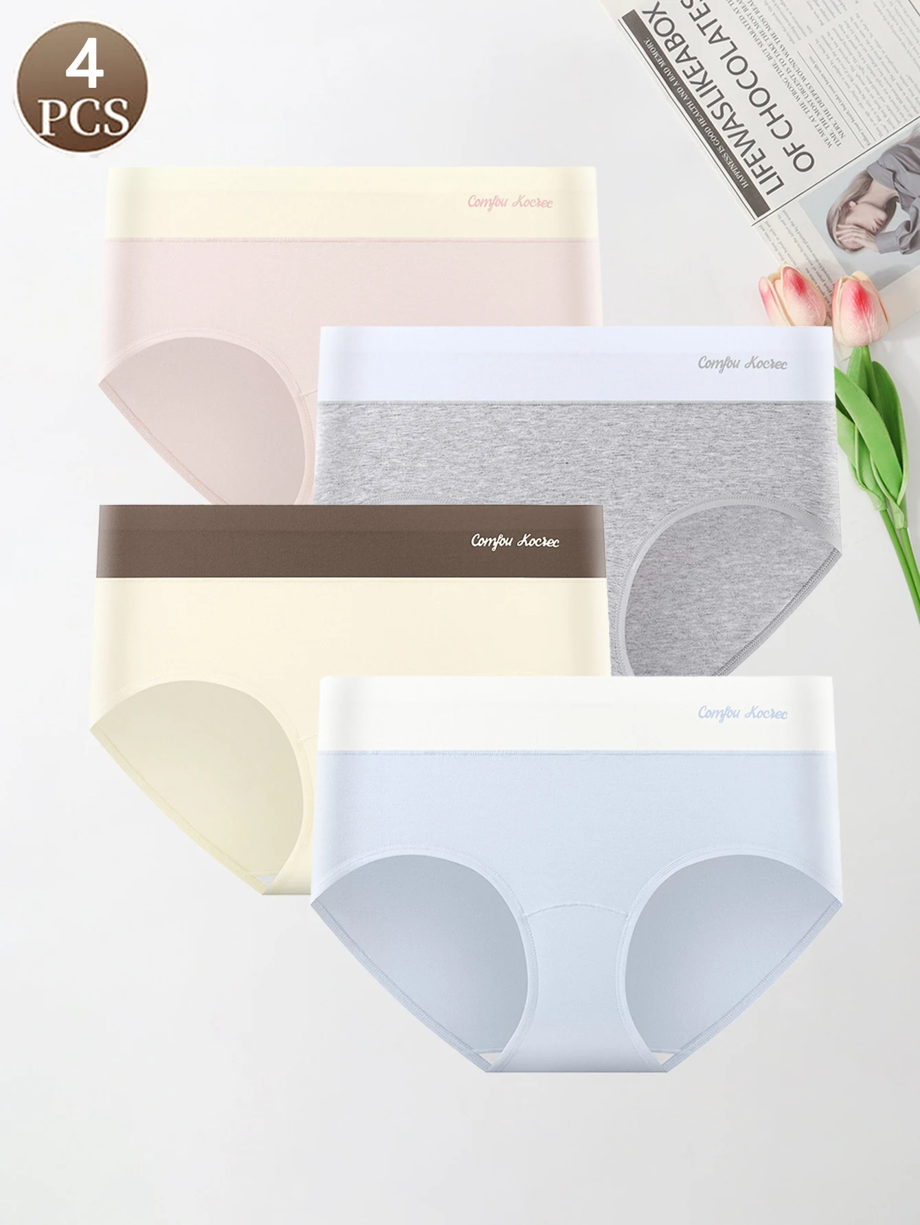 4PCS Damen-Slips, modische mittlere Taille, einfarbig, lässig, einfache Unterwäsche für Damen, weiche und bequeme Damen-Slips Image