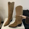 Aneikeh Retro Stil Falten Taste Frauen Knie-Hohe Stiefel Mode Spitz Platz Heels Casual Damen Schuhe Zapatos De mujer