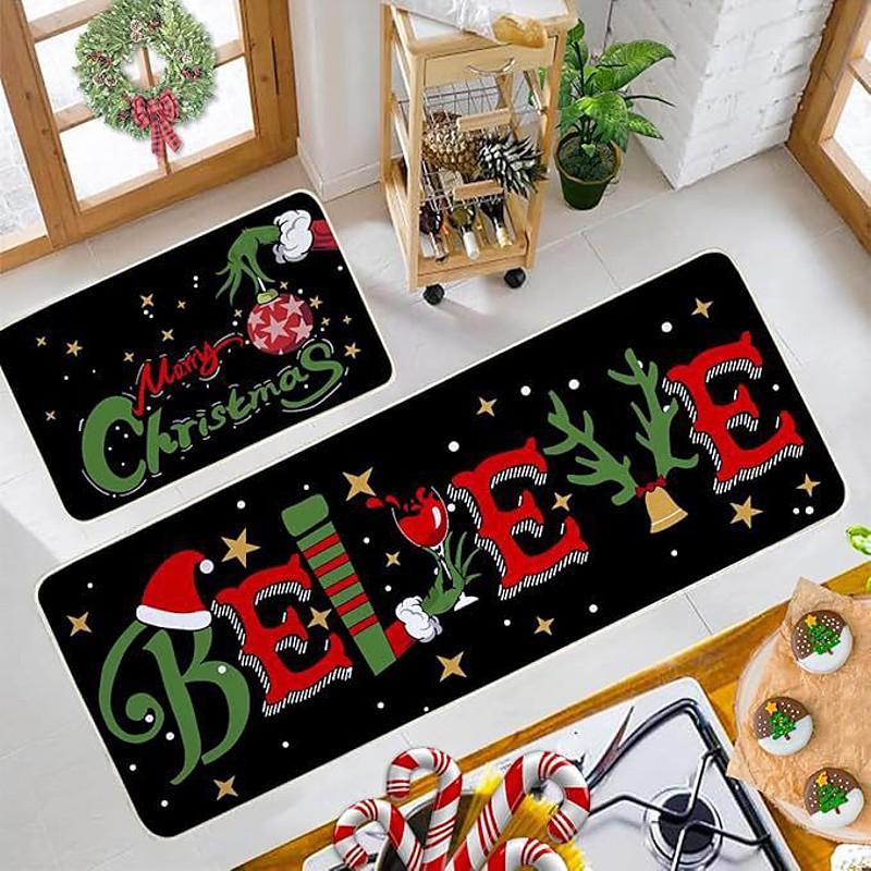 New Christmas Kitchen Floor Mat 2-Piece Set, Absorbent, Dirt-Resistant Entrance and Door Rug, Easy-to-Clean Kitchen Mats