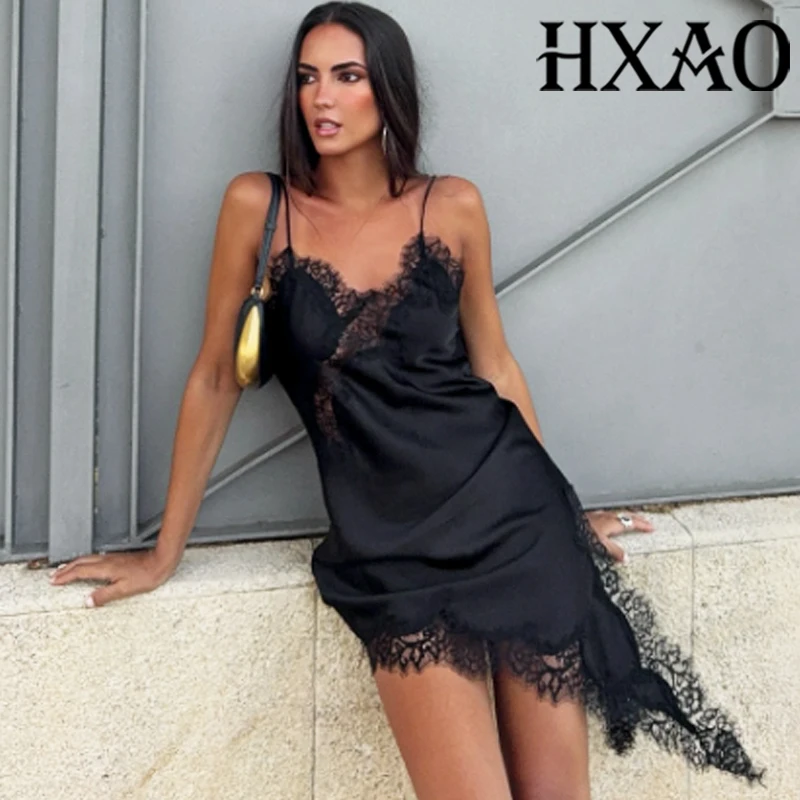 HXAO Abito asimmetrico in pizzo Donna senza maniche Slip Abito nero Abiti da festa in raso estivo Abiti da notte corti sexy senza schienale