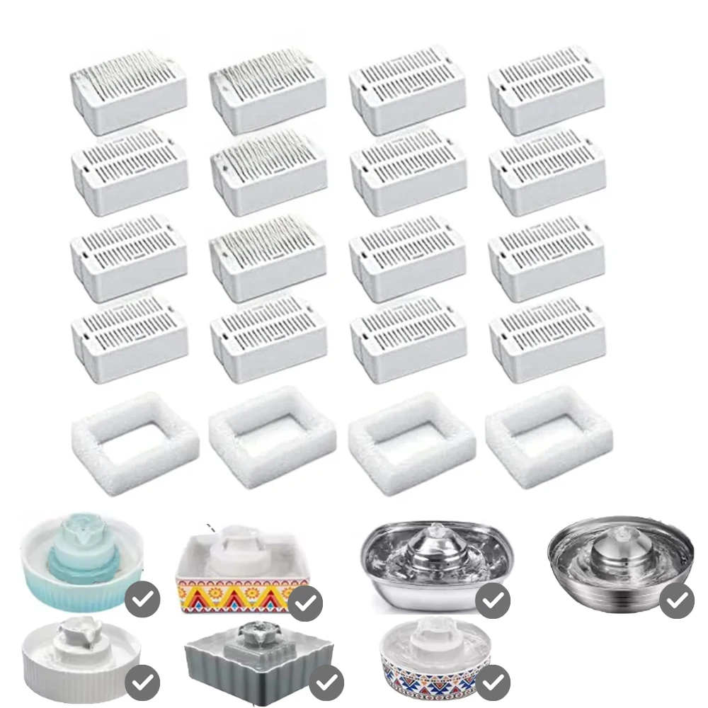 Cat Water Fountain Replacement Filters, 8/16 Pack Cat Fountain Carbon Filters and 2/4 Pack Foam Filters for Cat Water Fountain