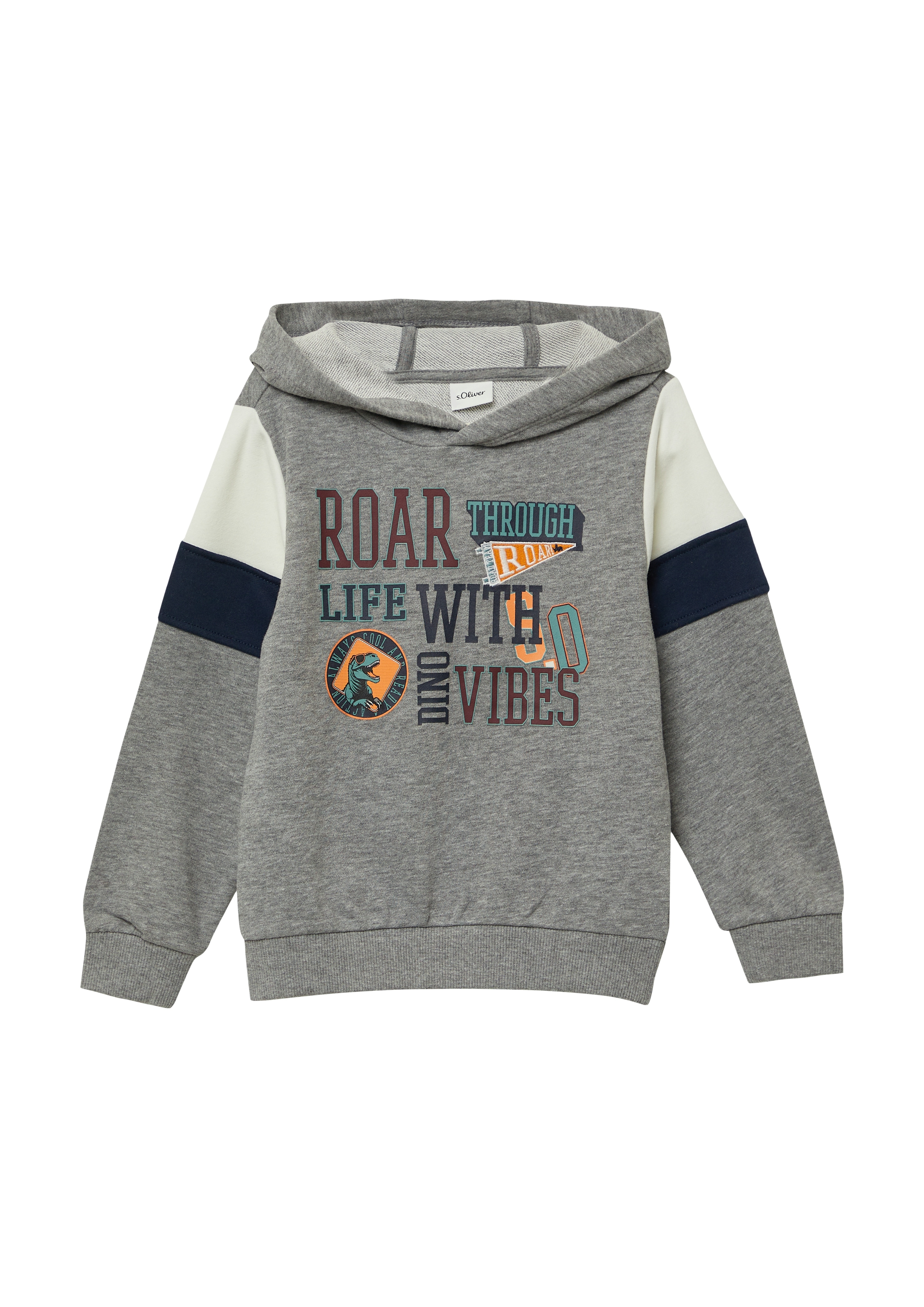 Sweatshirt S.OLIVER JUNIOR, Jungen, Gr. 104/110, grau (grau melange), Sweatware, Obermaterial: 81% Baumwolle, 10% Viskose, 9% Polyester, bedruckt, meliert, Casual, regular fit normal, ohne Ausschnitt, Rippbündchen, Sweatshirts, mit Print