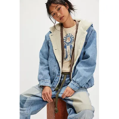 We The Free Asher Cozy Denim Jacket at Free People in Snowdrift Wash, Size: Large