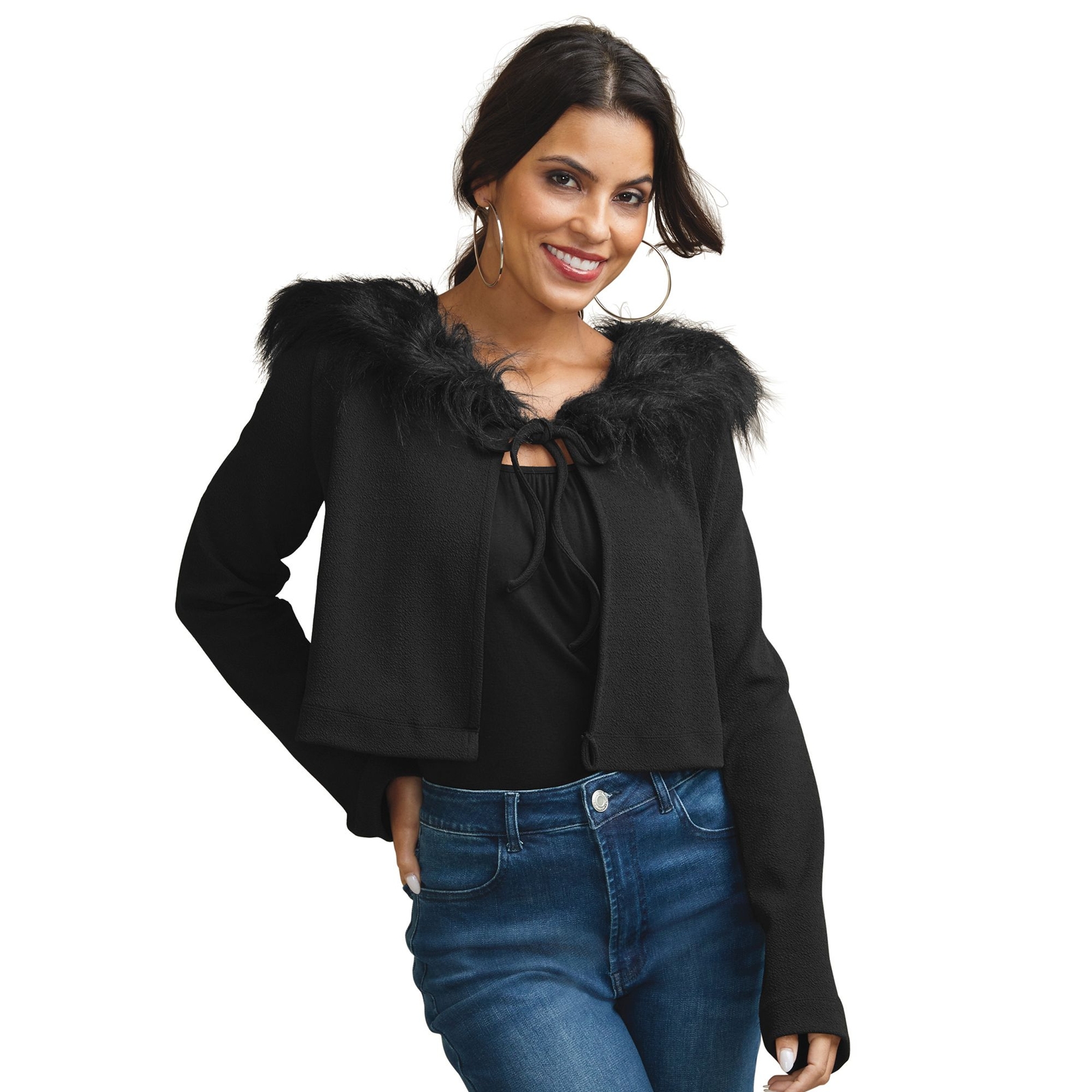 Masseys Faux Fur Tie Front Cardigan (Size 2X) Black, Polyester