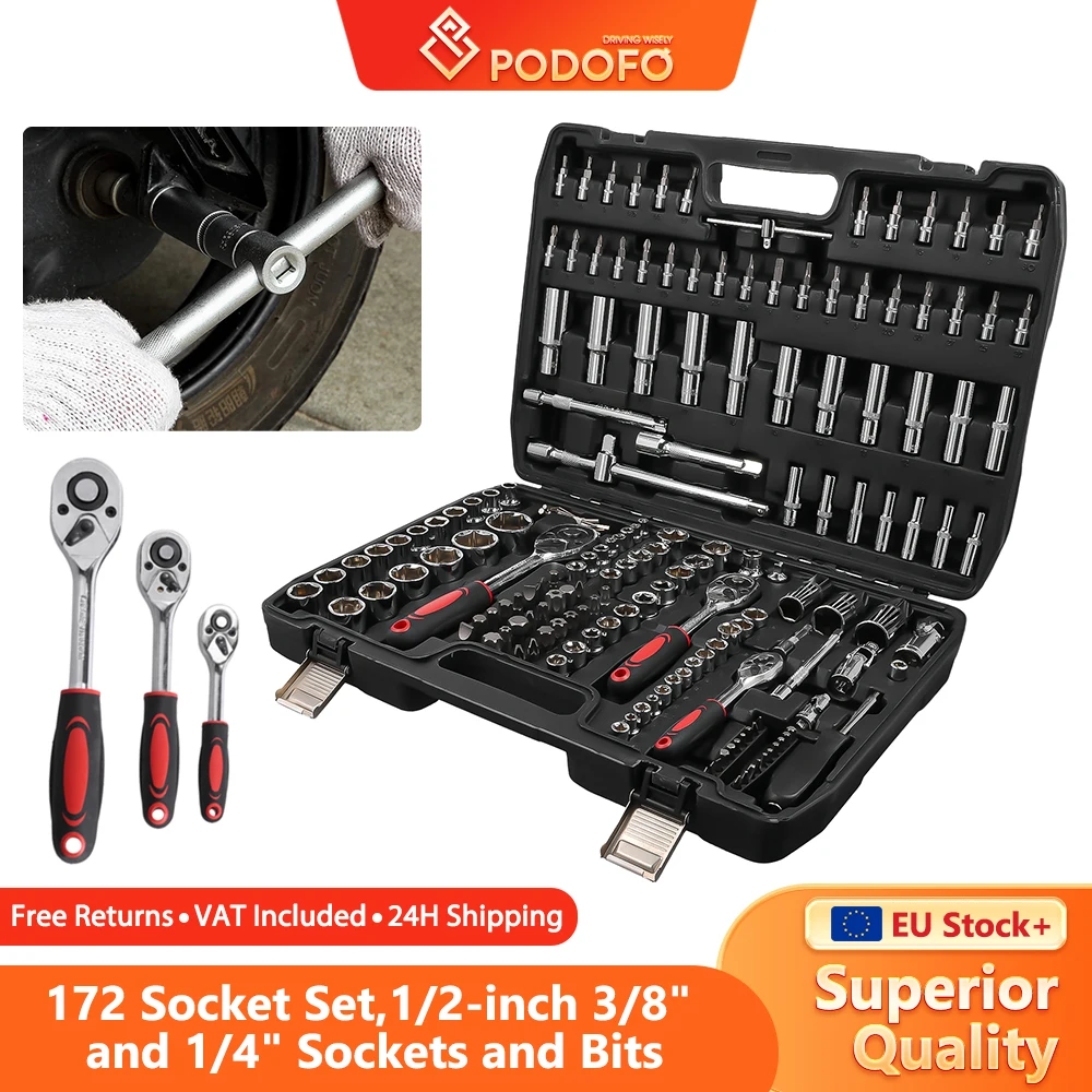 Podofo 171 pièces jeu de clés à douille à cliquets ensemble d'outils de réparation de voiture Kits d'outils mécaniques boîte à outils combinée outils manuels avec étui