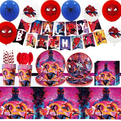Spiderman Across the Spider-Verse Birthday Party Tableware Decoration Foil Balloons Kit Cake Topper DIY Baby Shower Party Supply