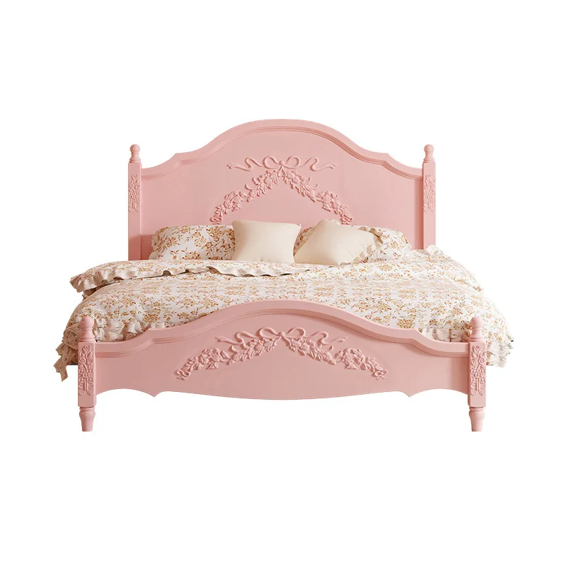 Französisches Massivholzbett, rosa Prinzessinnenbett, Mädchenschlafzimmer, 1,8 m, 1,5 m, Doppelbett, Retro, europäisches geschnitztes Bett, amerikanisch Image
