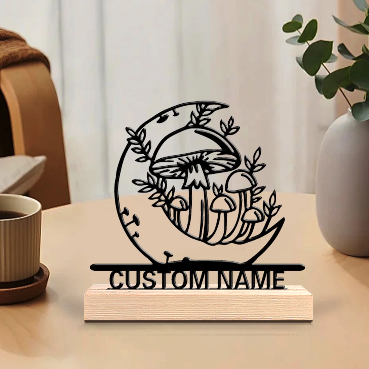 1 Stück Romantische personalisierte individuelle Mondpilz-Metallstatuen Metallkunst mit Holzsockel Zen, ruhige Räume Image